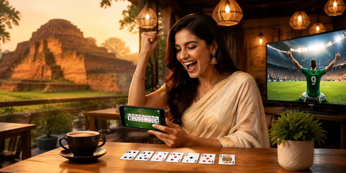 Rummy card game theme featuring a woman in a saree in Bogura